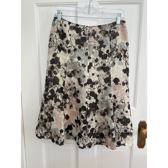 Lafayette 148 Women's 6P Linen Midi Skirt Abstract Floral White Pink Brown Green - Picture 1 of 12